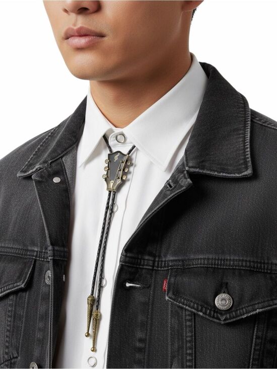 Wild Time Fashion Jewelry - Black Guitar Bolo Tie Silver Accents Leather Braided Western Music Necktie NWT